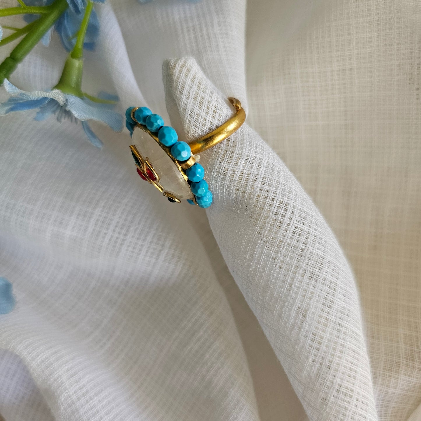 Silver 92.5 kundan gold polish Moonstone ring with turquoise