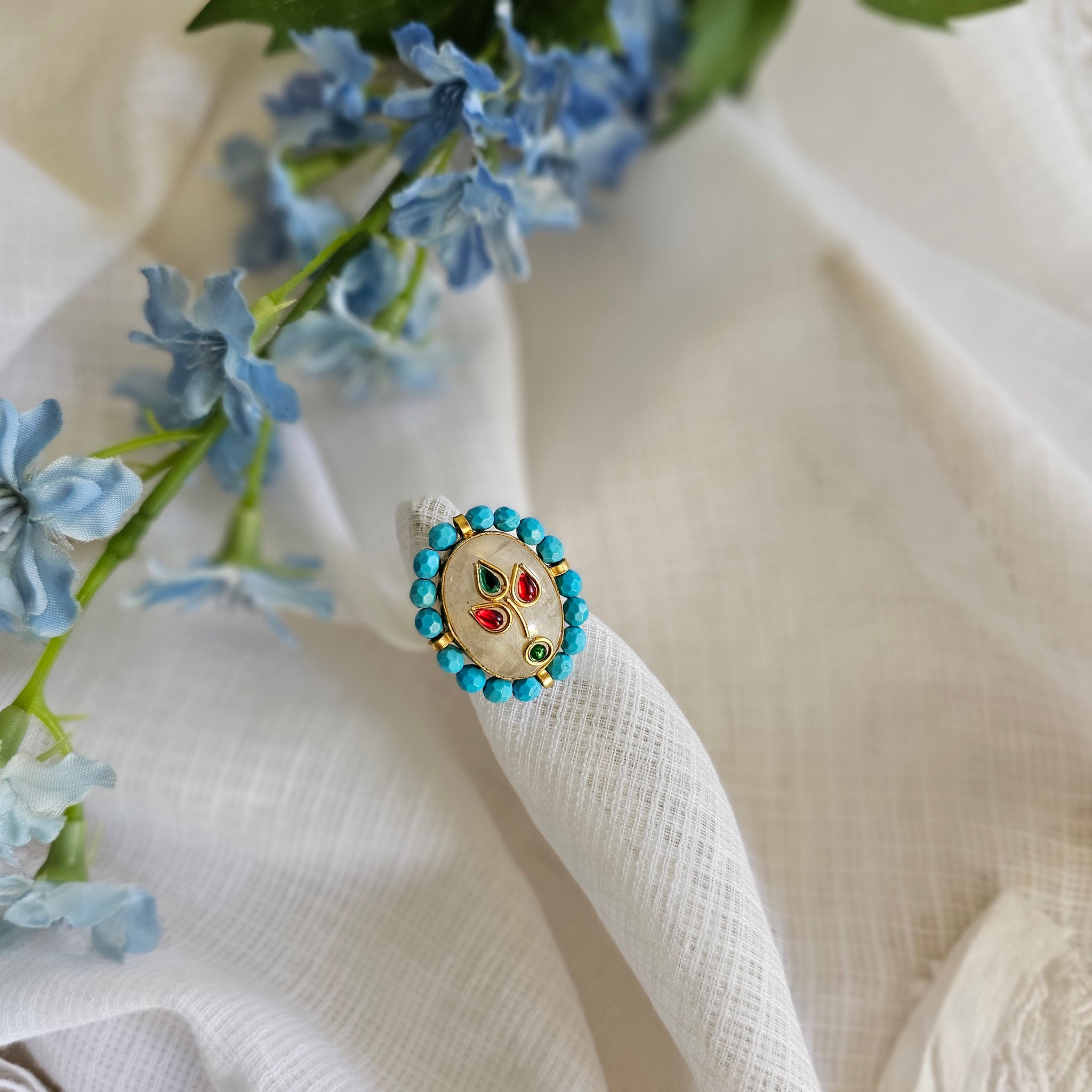 Silver 92.5 kundan gold polish Moonstone ring with turquoise