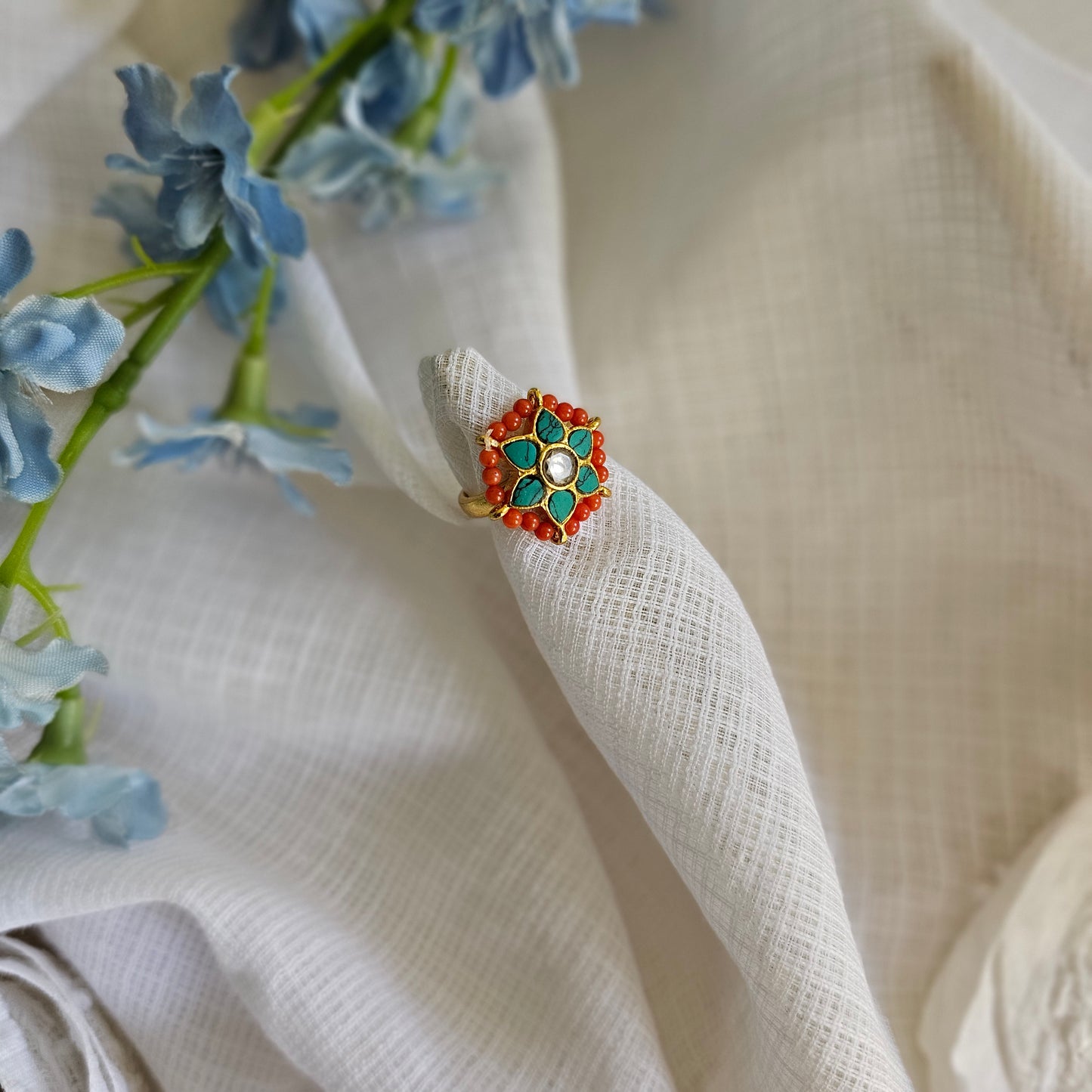 Silver 92.5 kundan gold polish turquoise with coral ring
