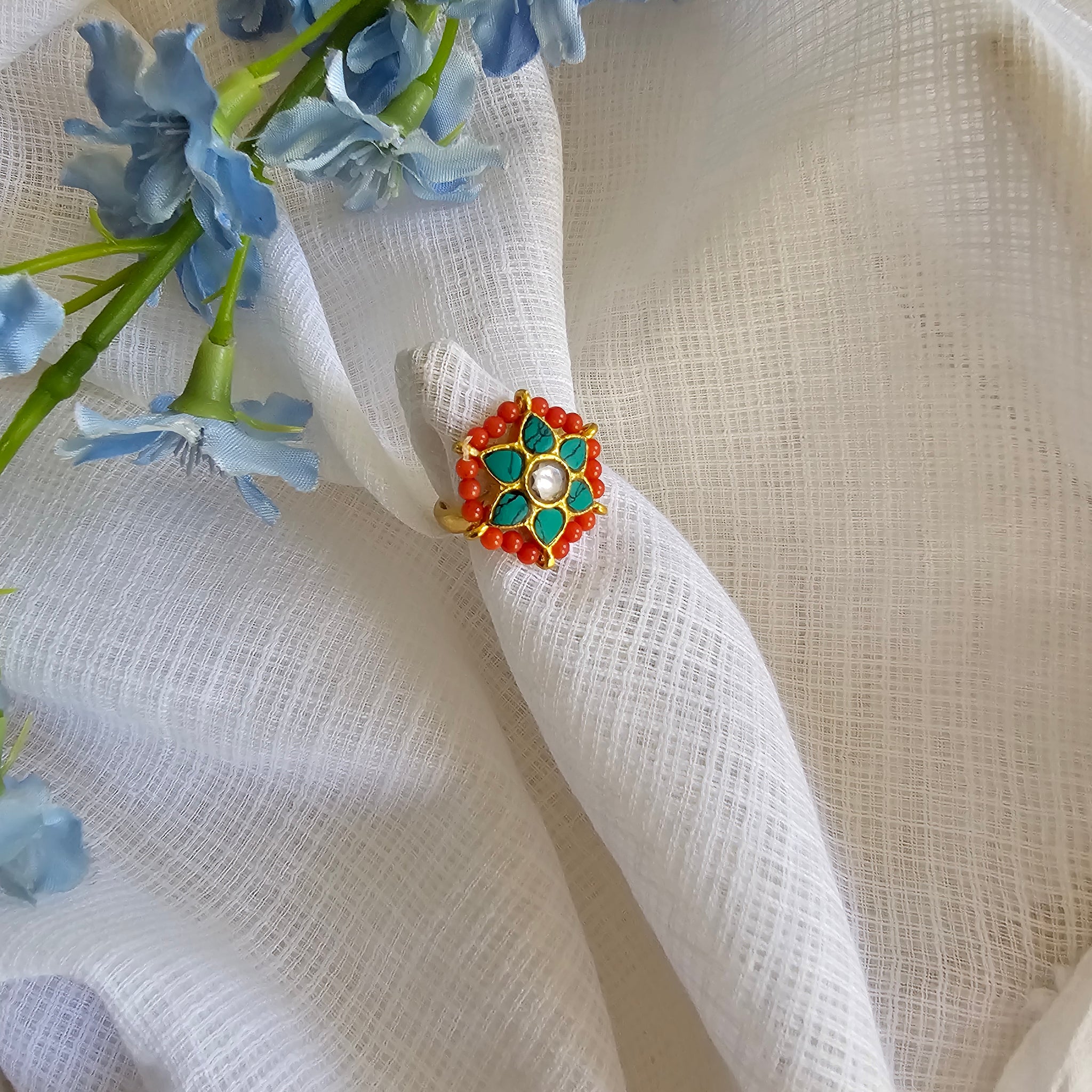 Silver 92.5 kundan gold polish turquoise with coral ring