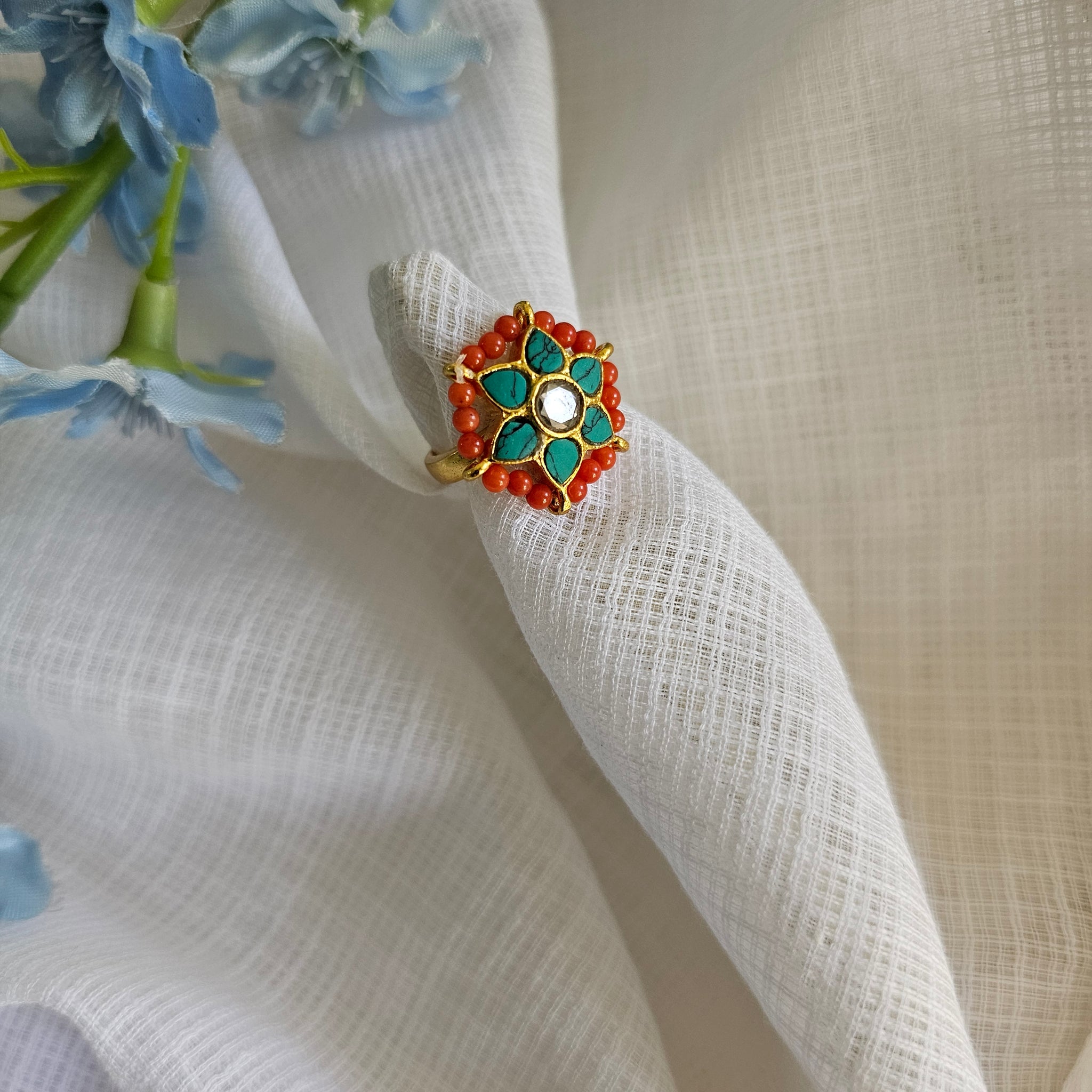 Silver 92.5 kundan gold polish turquoise with coral ring