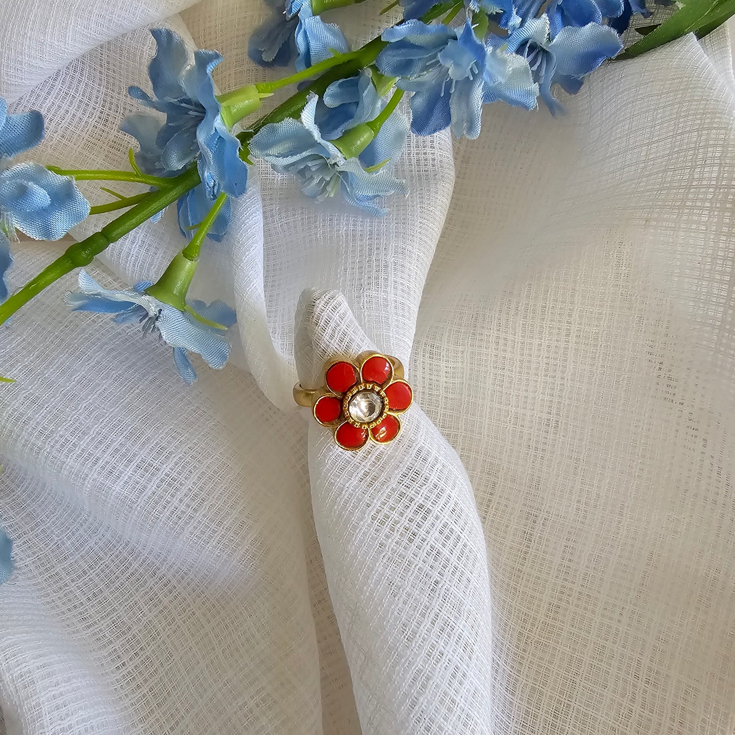 Silver 92.5 kundan gold polish coral and moissanite ring