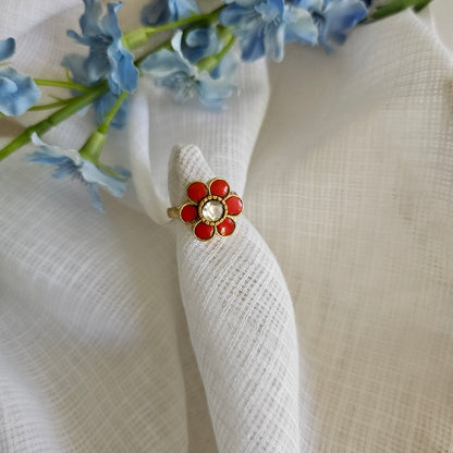 Silver 92.5 kundan gold polish coral and moissanite ring