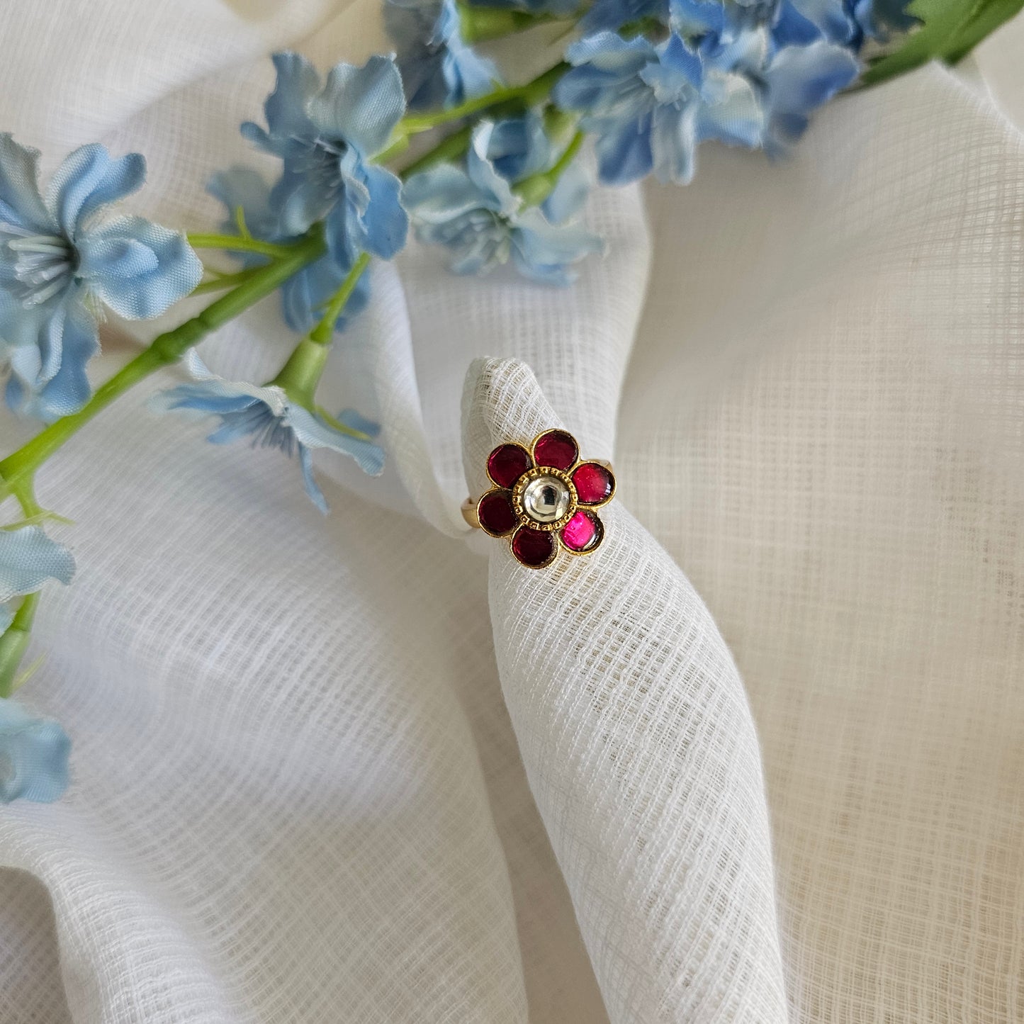 Silver 92.5 gold polish pink kundan and moissanite ring