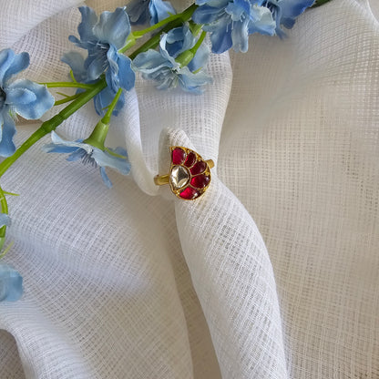 Silver 92.5 gold polish pink kundan and moissanite ring