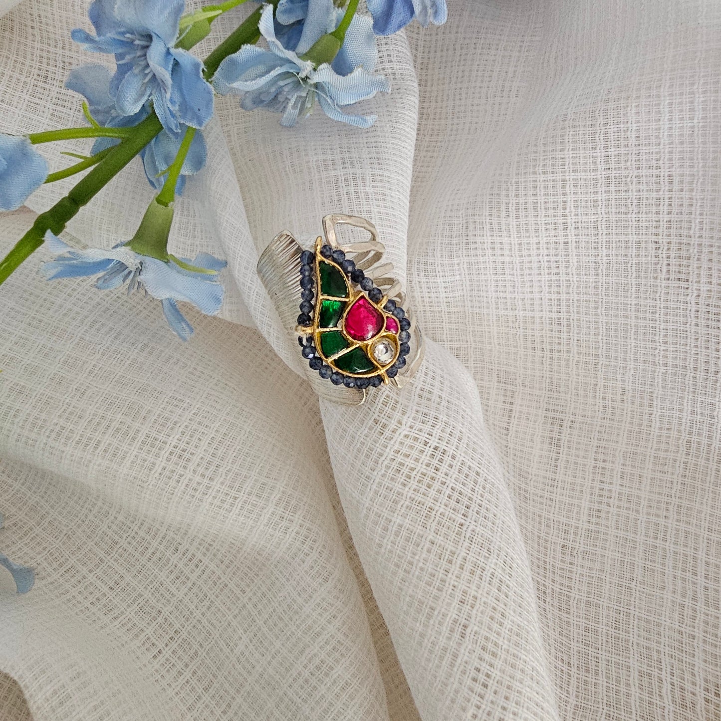 Silver 92.5 two tone finish green kundan ring on brushed silvet