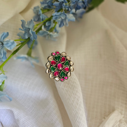 Silver 92.5 kundan moissanite statement ring.