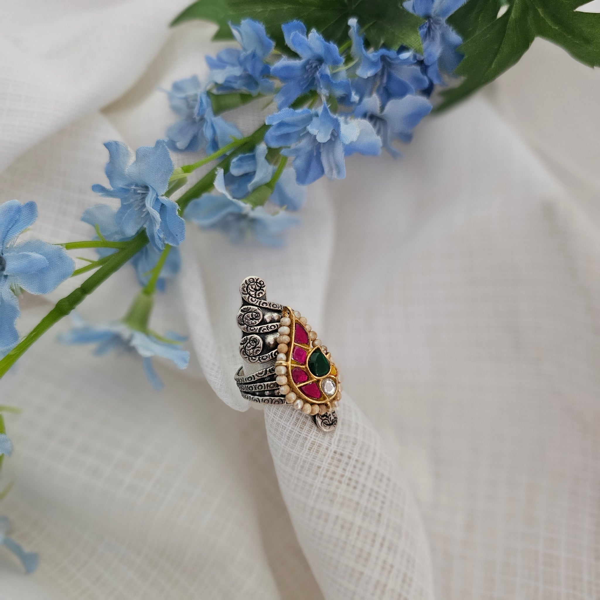 Silver 92.5 two tone finish with kundan and hand stamped ring