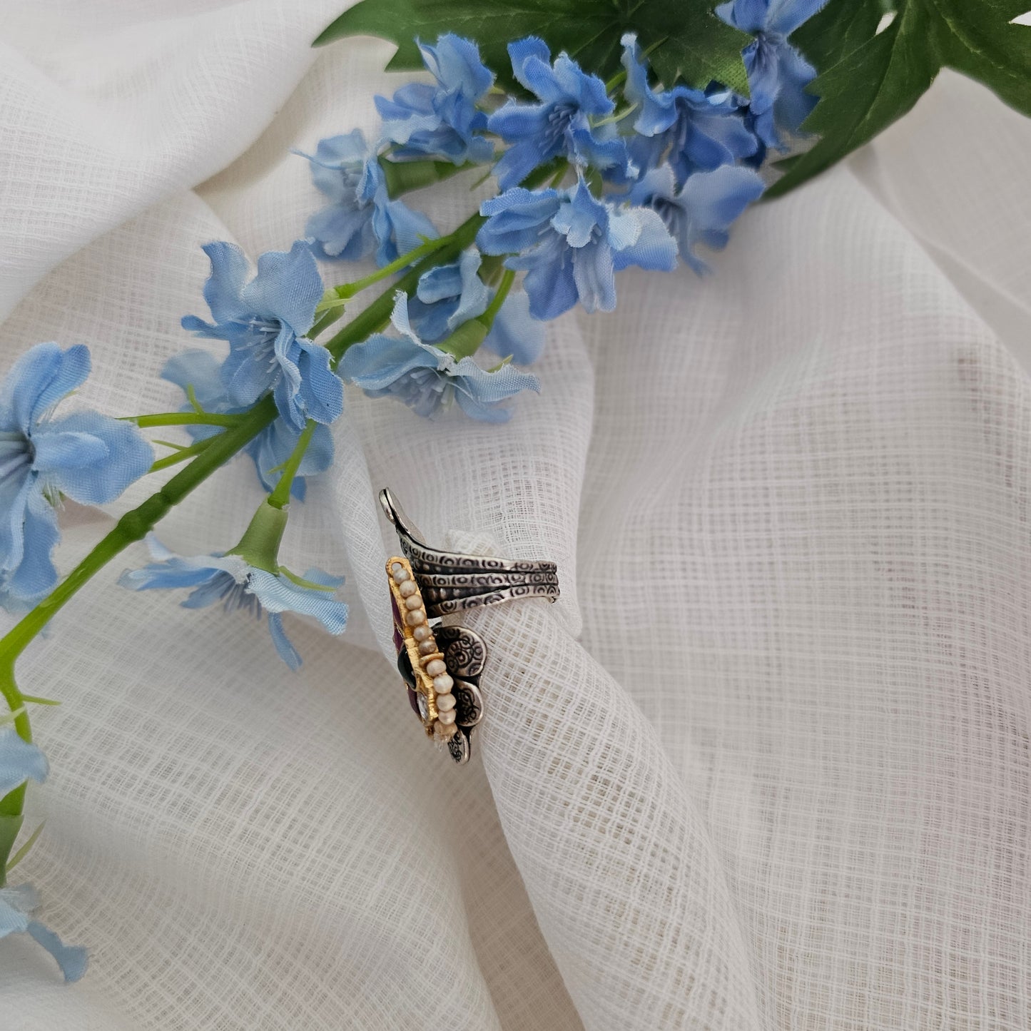 Silver 92.5 two tone finish with kundan and hand stamped ring