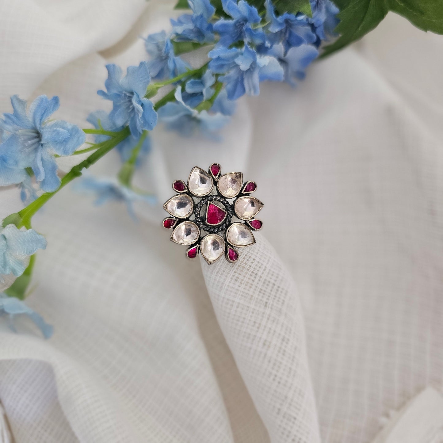 Silver 92.5 pink kundan and moissanite ring