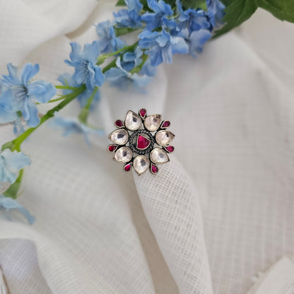 Silver 92.5 pink kundan and moissanite ring