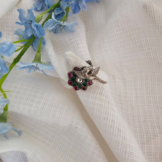 Silver 92.5 green, pink Kemp and moissanite ring