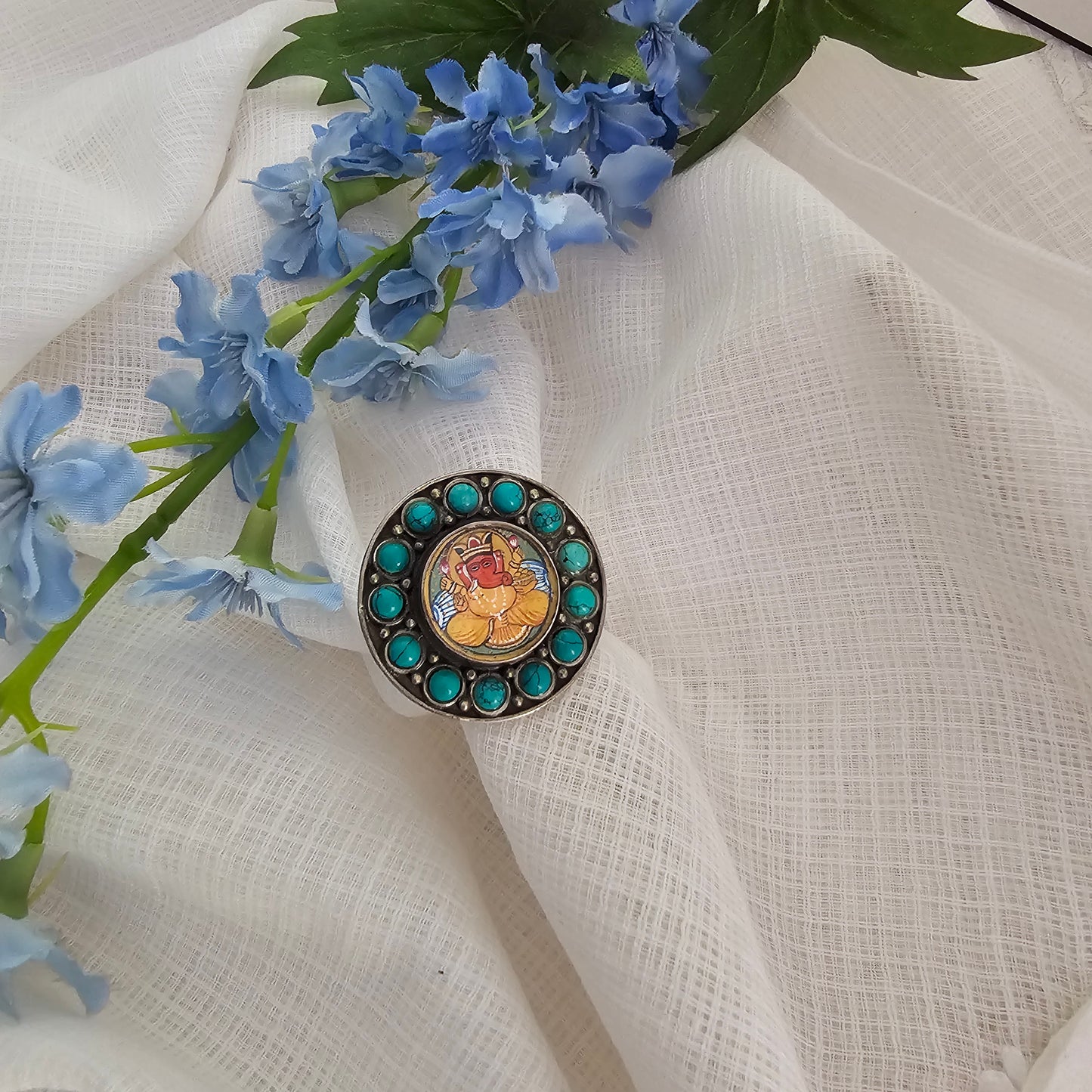 Silver 92.5 Ganesha painting ring with turquoise