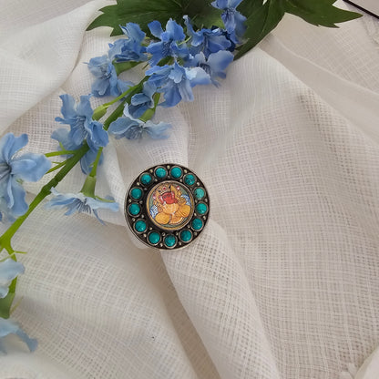 Silver 92.5 Ganesha painting ring with turquoise