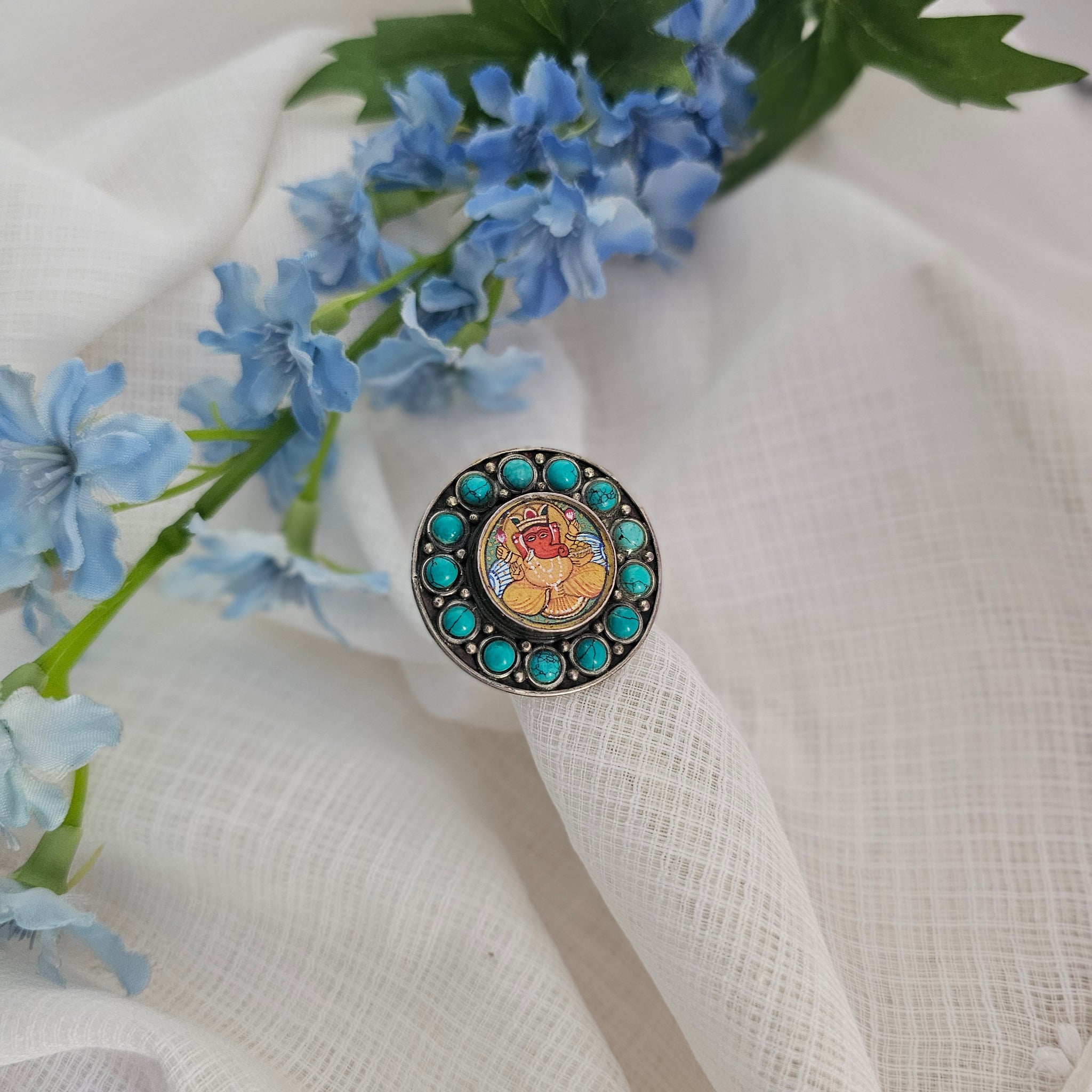 Silver 92.5 Ganesha painting ring with turquoise