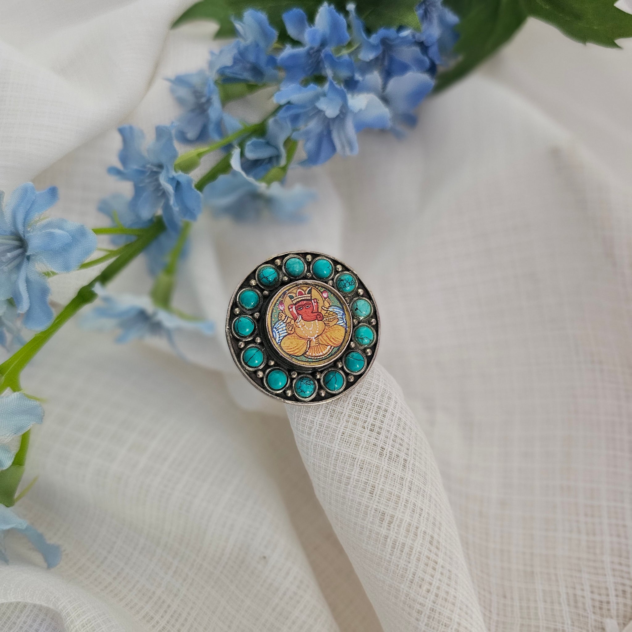 Silver 92.5 Ganesha painting ring with turquoise