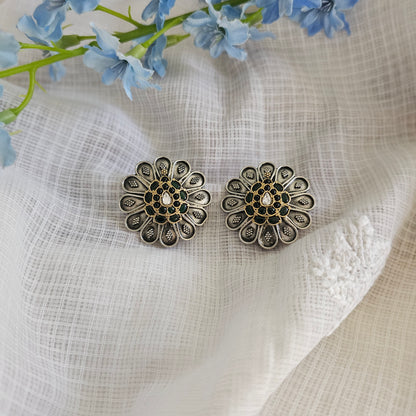 Silver 92.5 kundan two tone green statement studs