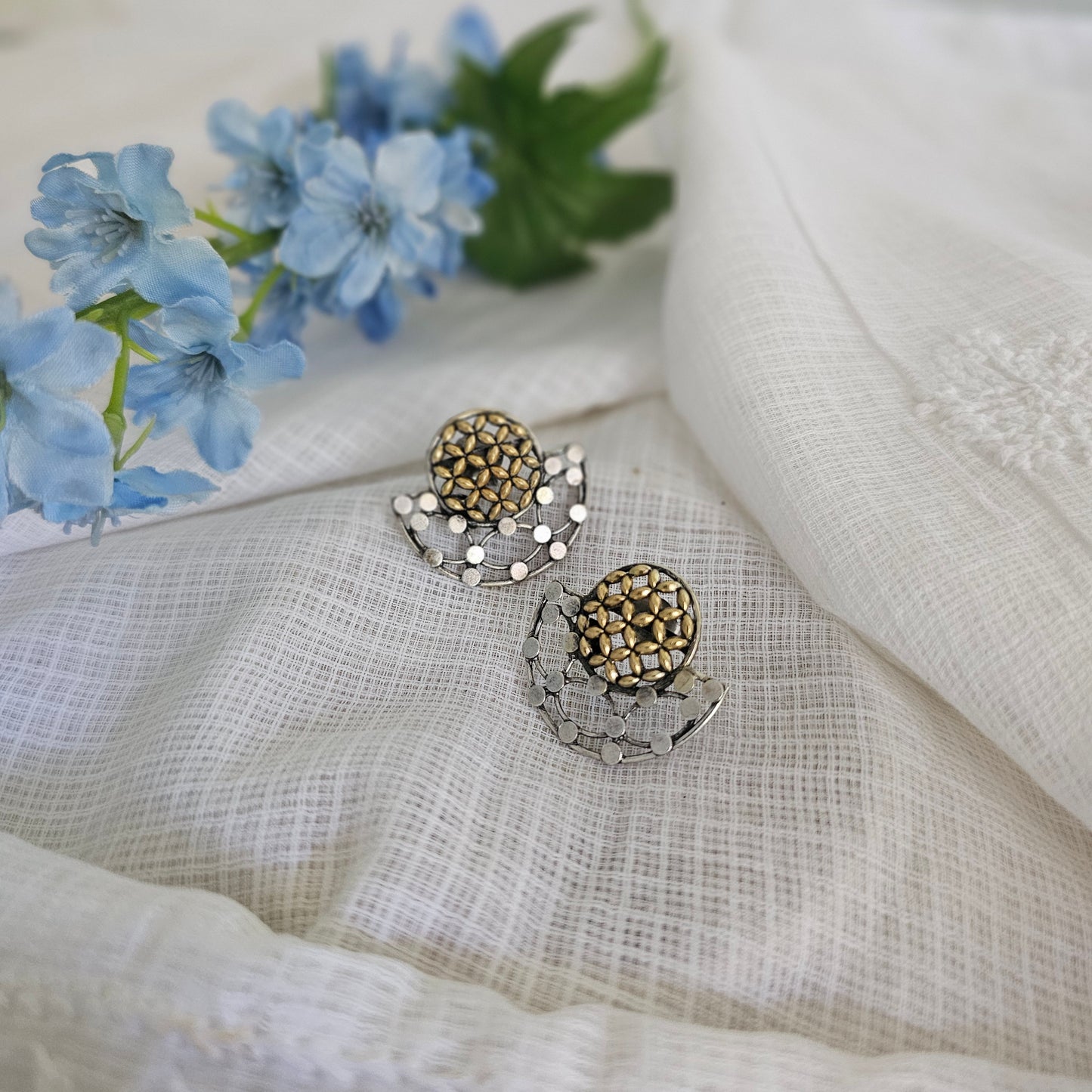 Silver 92.5 two tone finish half moon stud