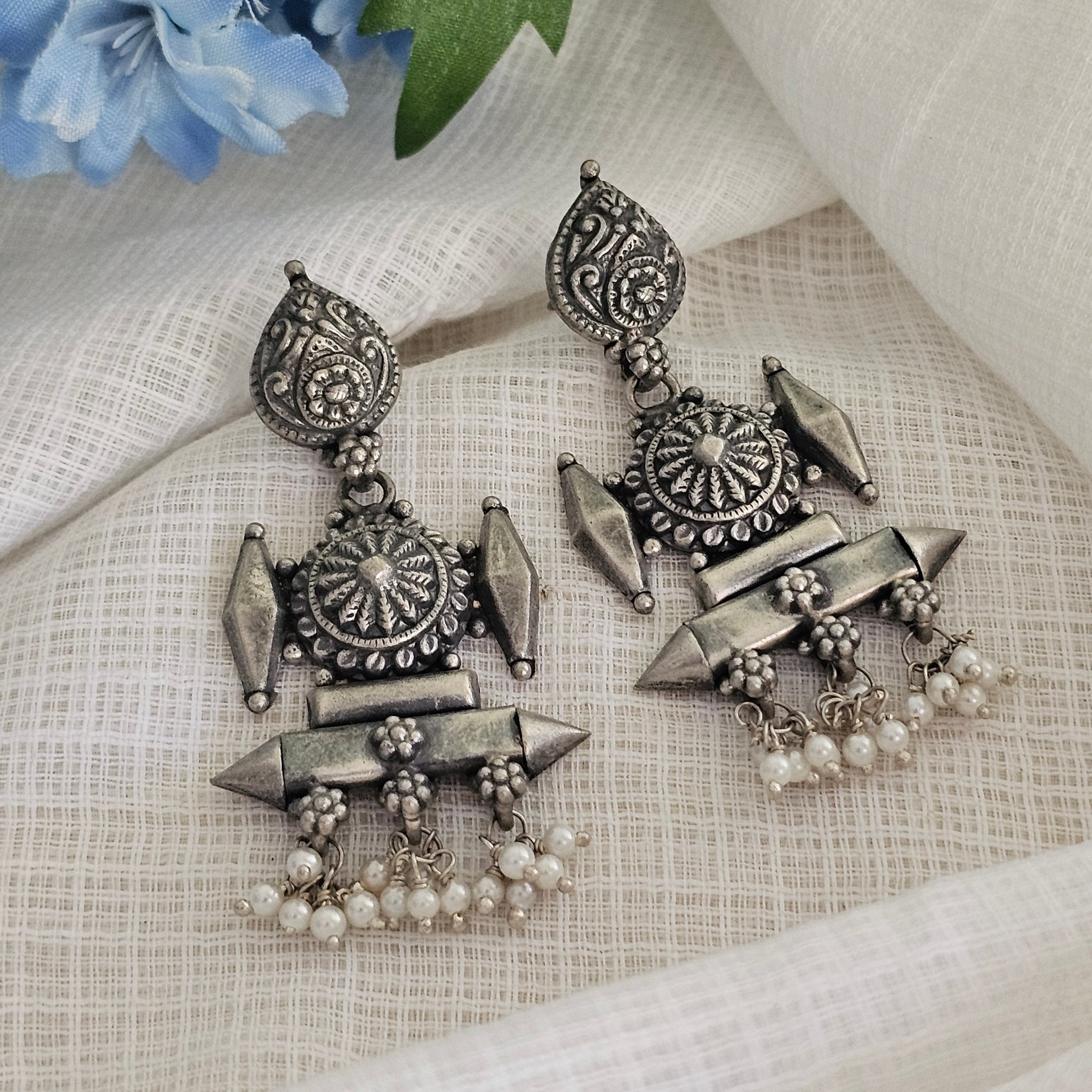 Silver 92.5 Kolhapuri danglers with pearls