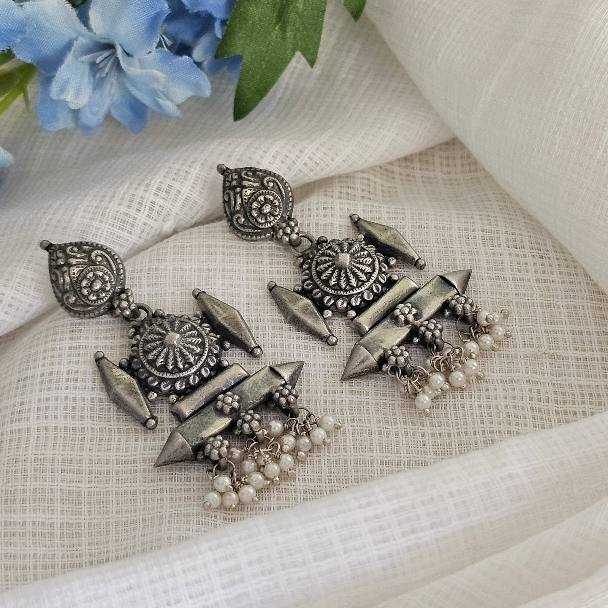 Silver 92.5 Kolhapuri danglers with pearls