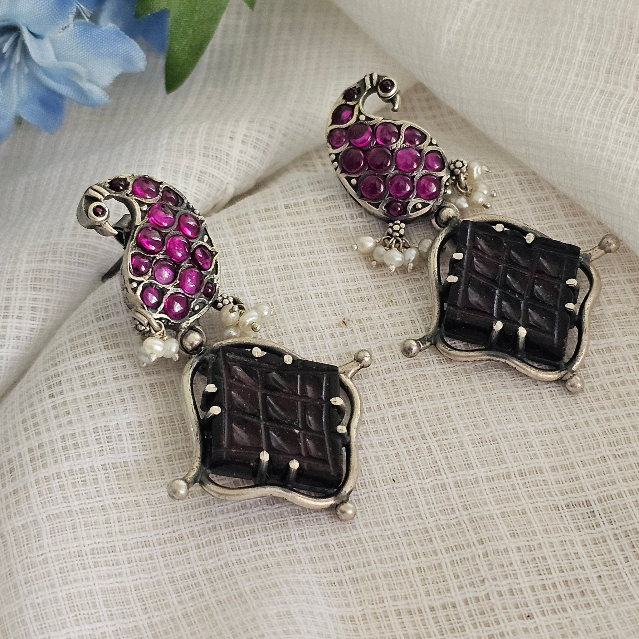 Silver 92.5 pink Kemp fusion earrings with garnet