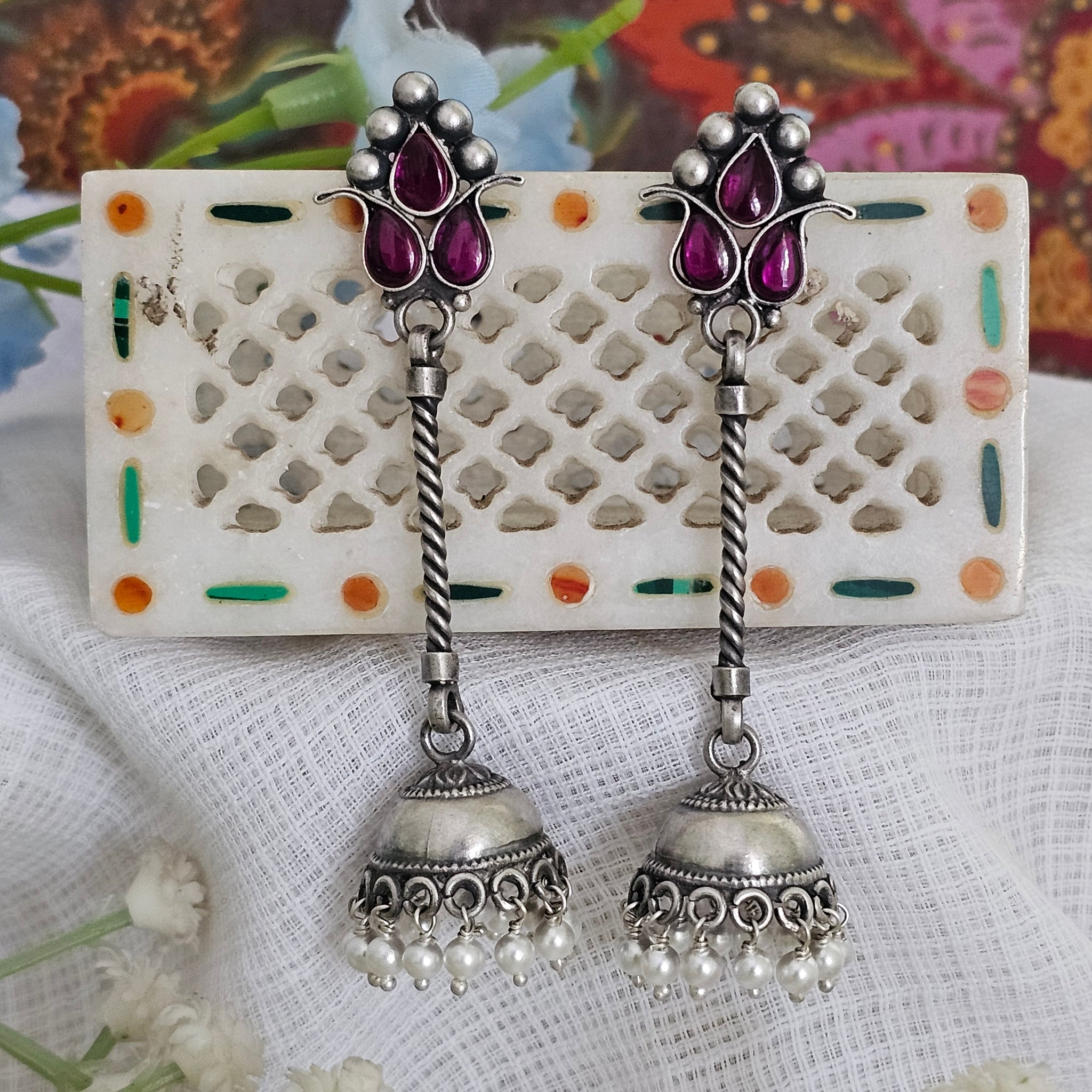 Silver 92.5 kemp long stem jhumkas