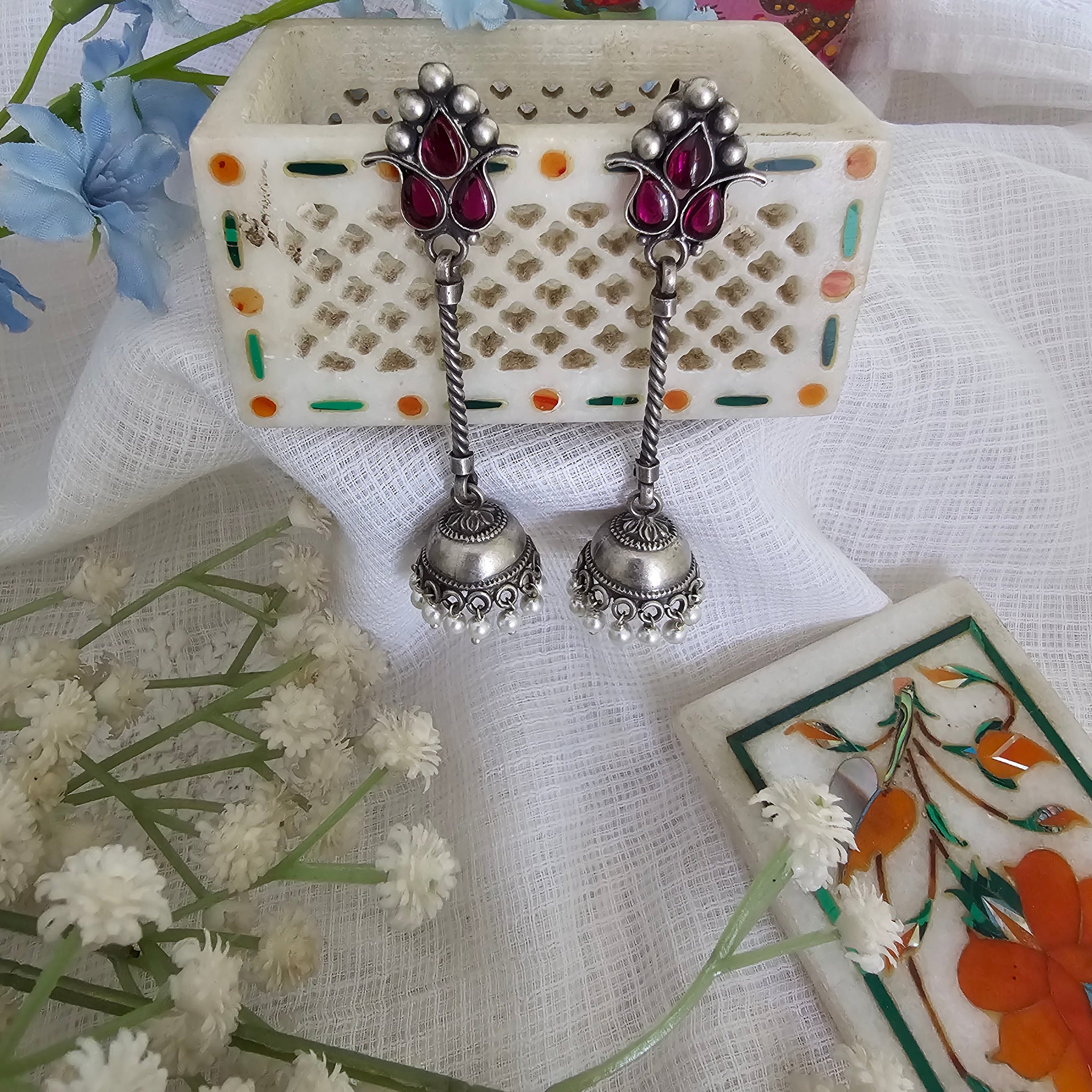 Silver 92.5 kemp long stem jhumkas