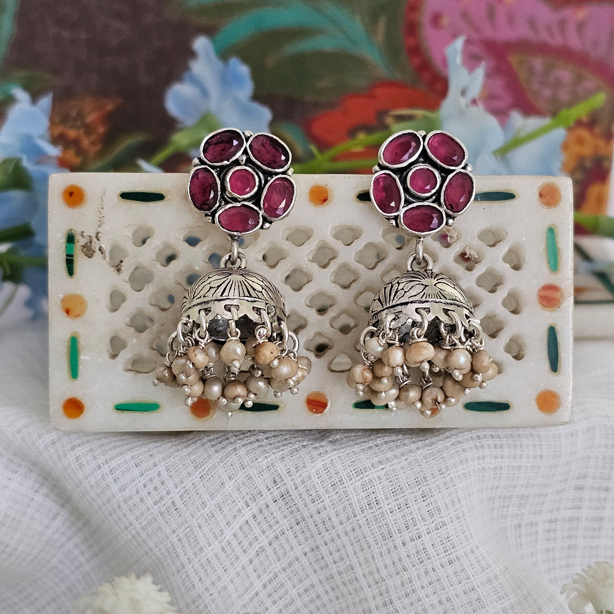 Silver 92.5 garnet jhumkas