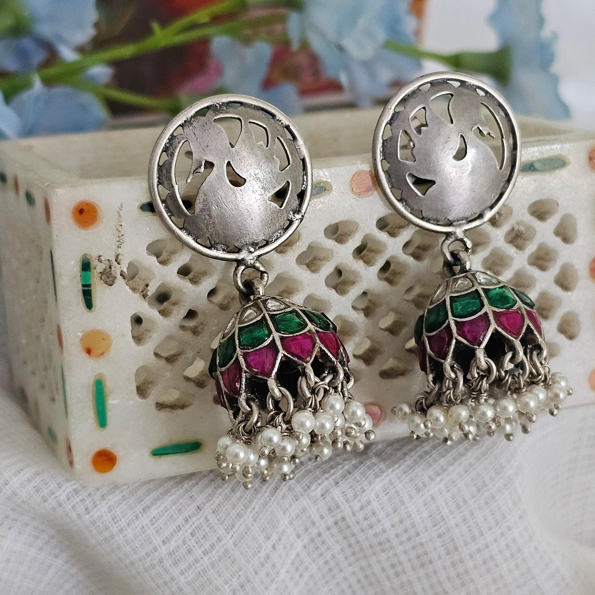 Silver 92.5 kundan with cutwork stud jhumkas