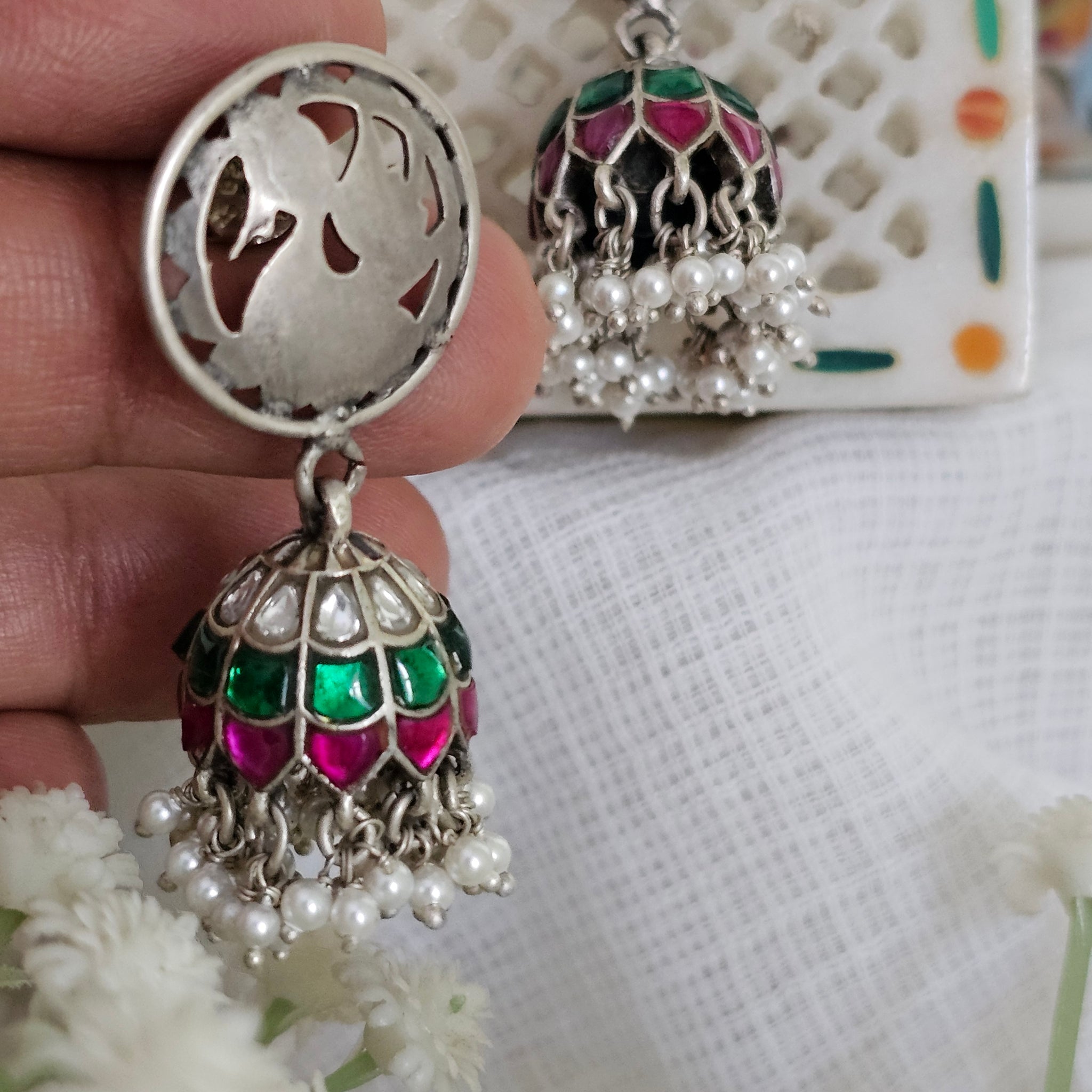 Silver 92.5 kundan with cutwork stud jhumkas