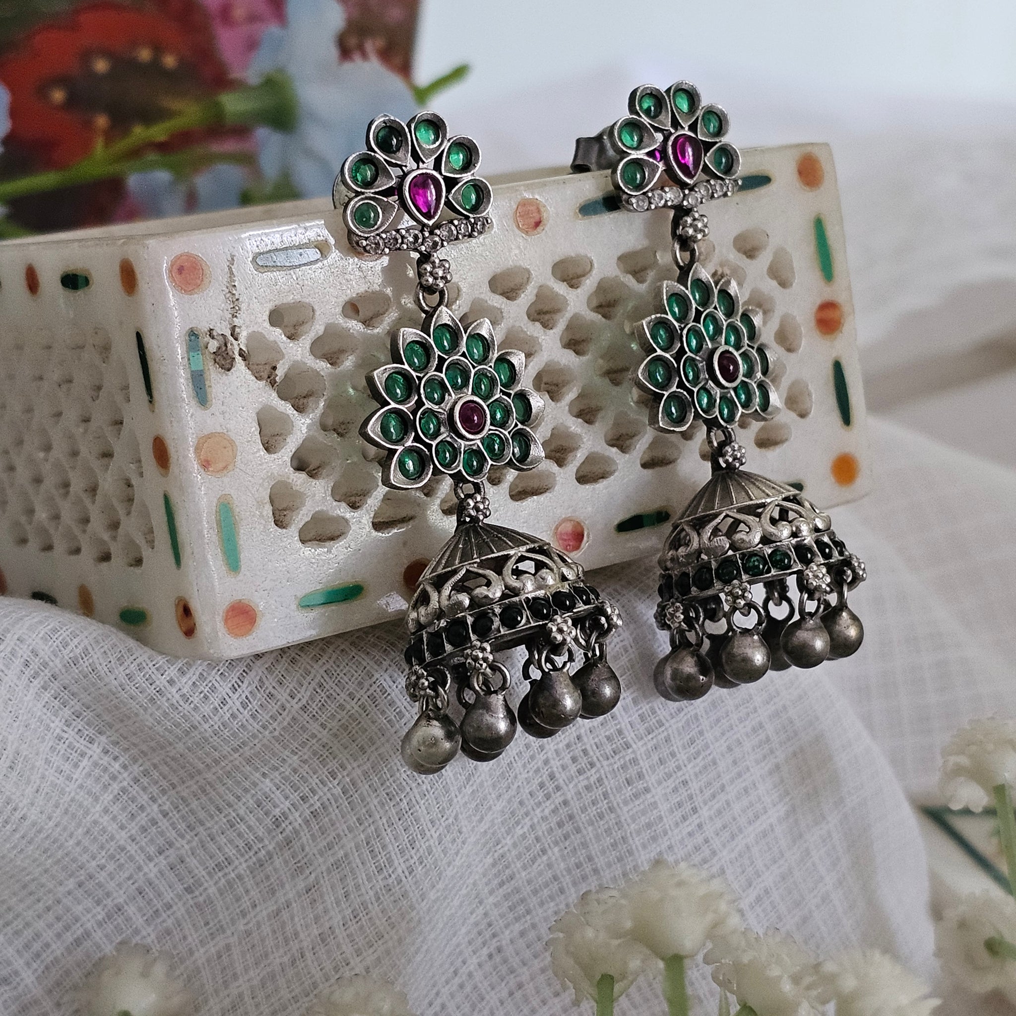 Silver 92.5 green kemp jhumkas