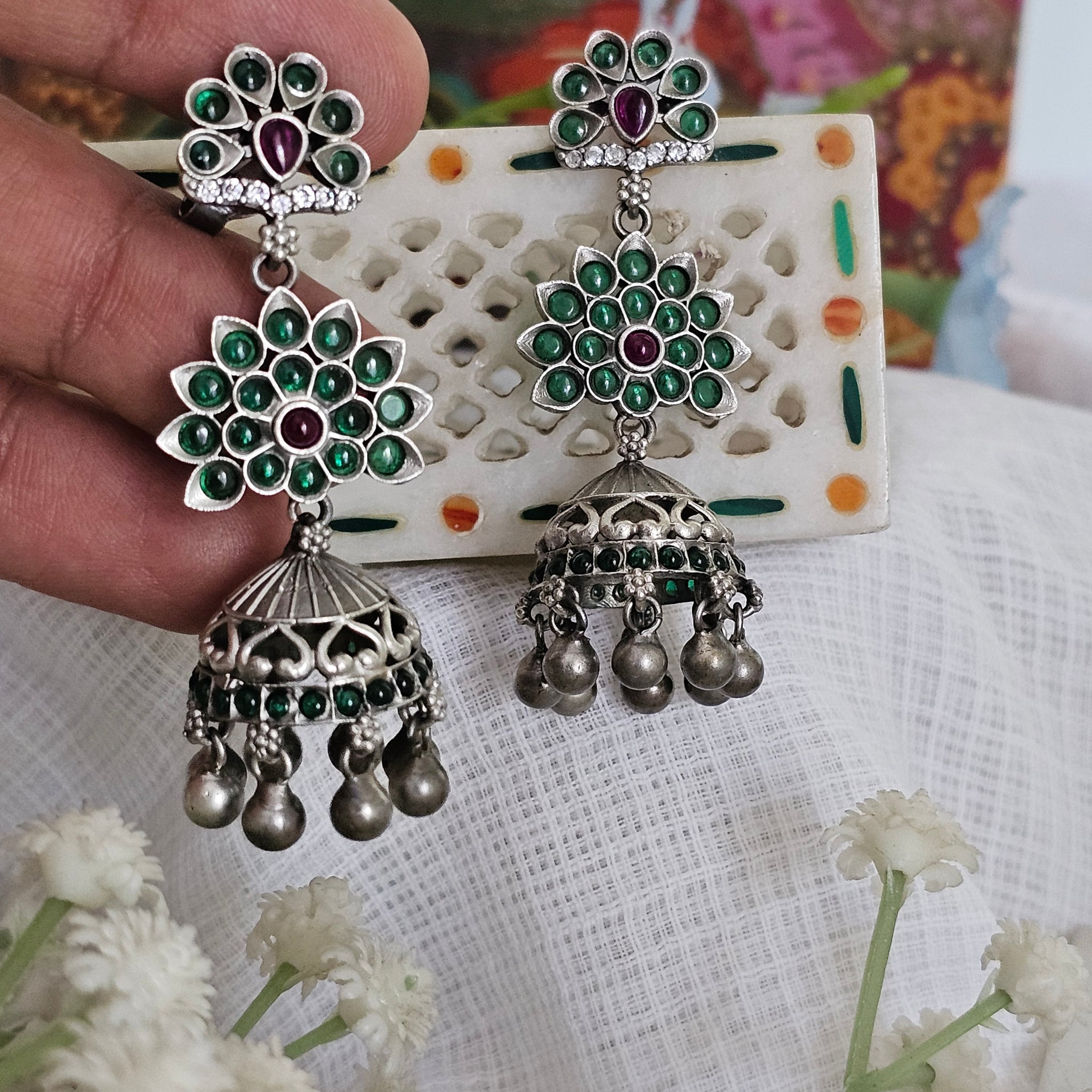 Silver 92.5 green kemp jhumkas