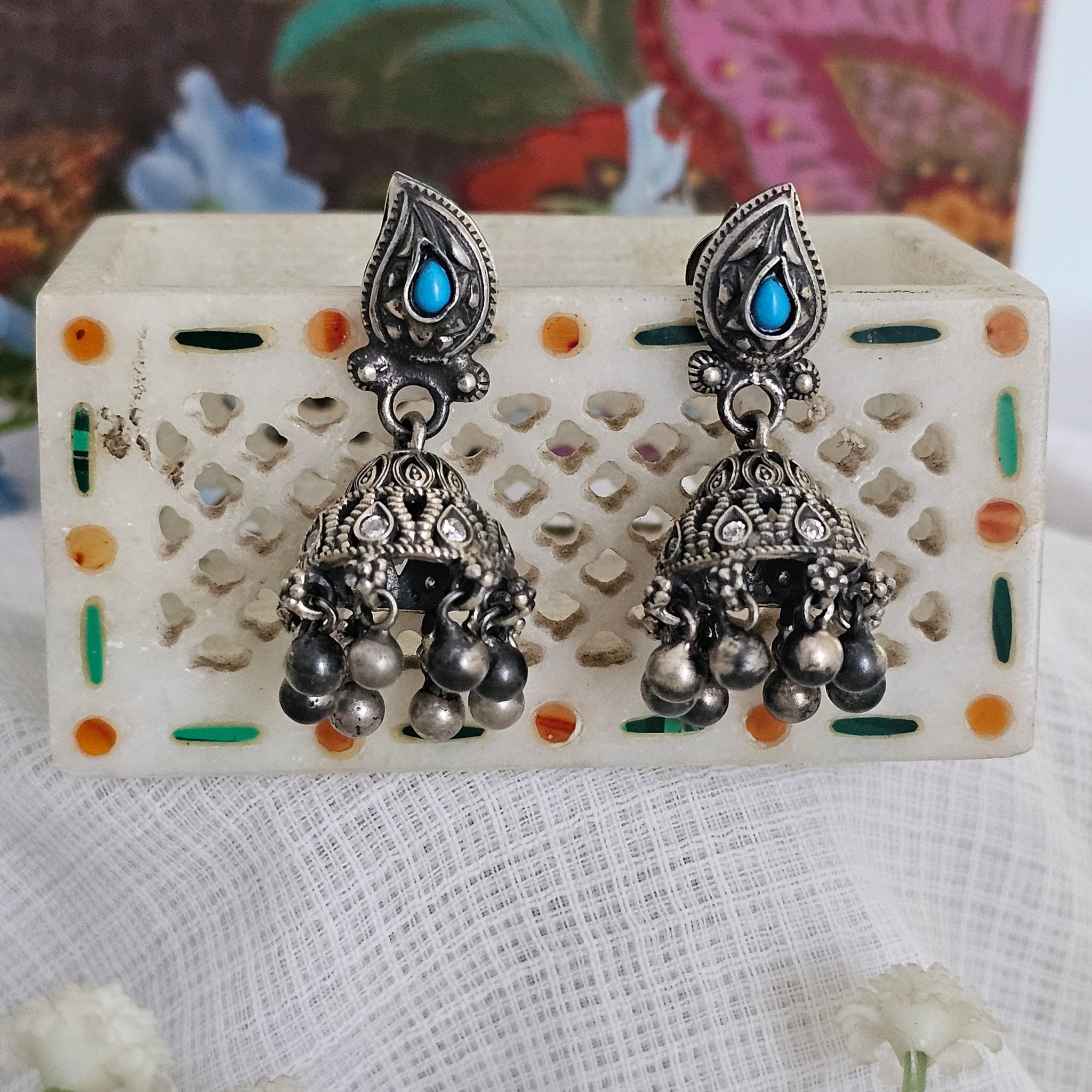 Silver 92.5 turquoise jhumkas