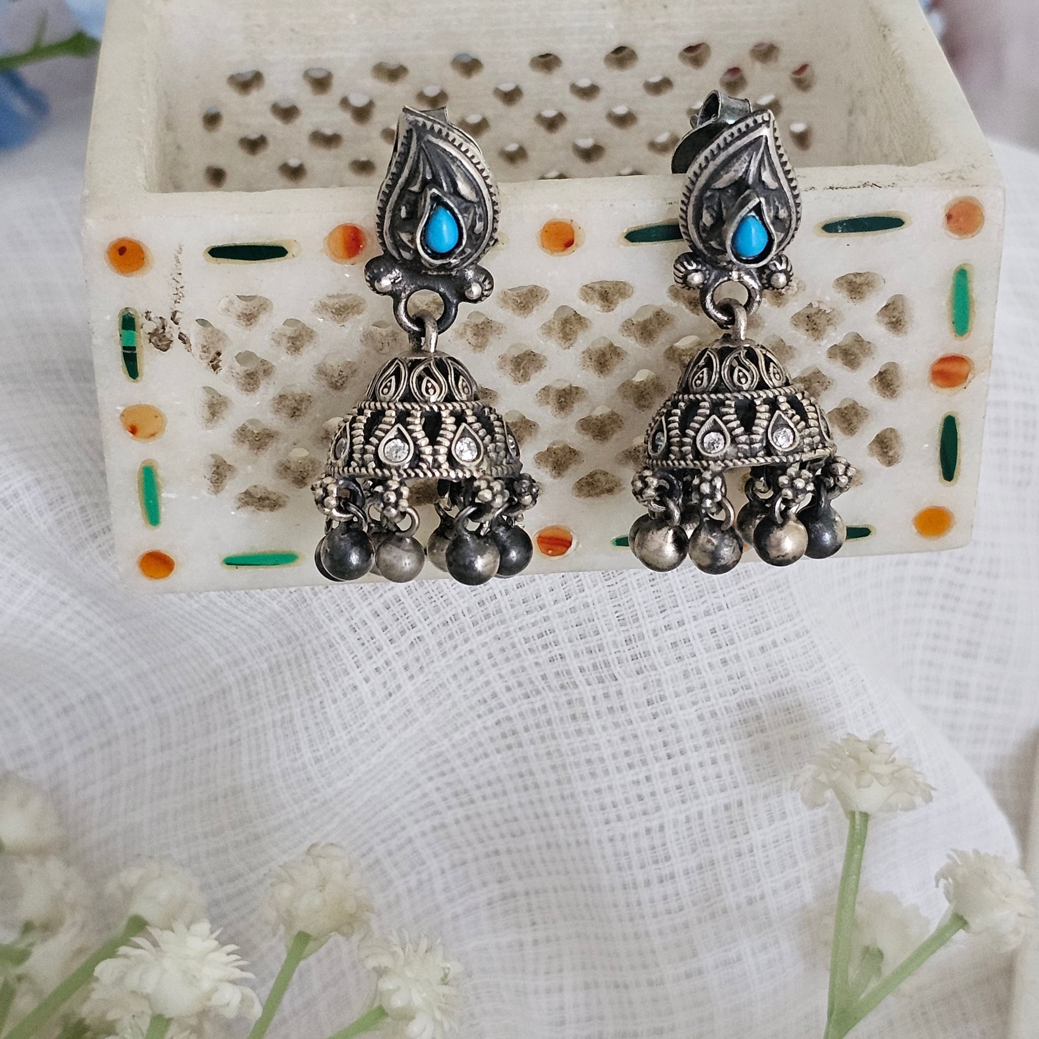 Silver 92.5 turquoise jhumkas