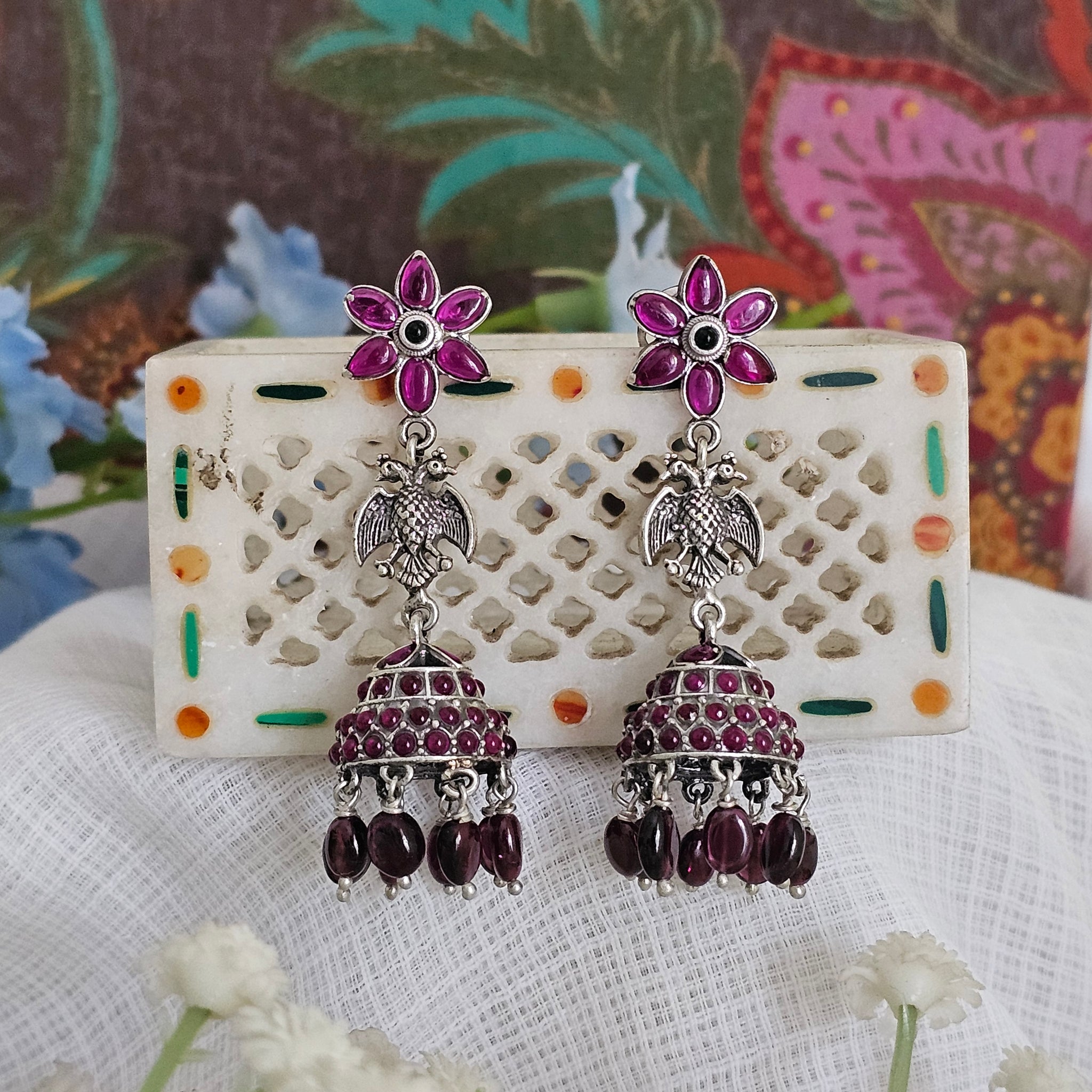 Silver 92.5 red Kempu Gandaberunda jhumkas