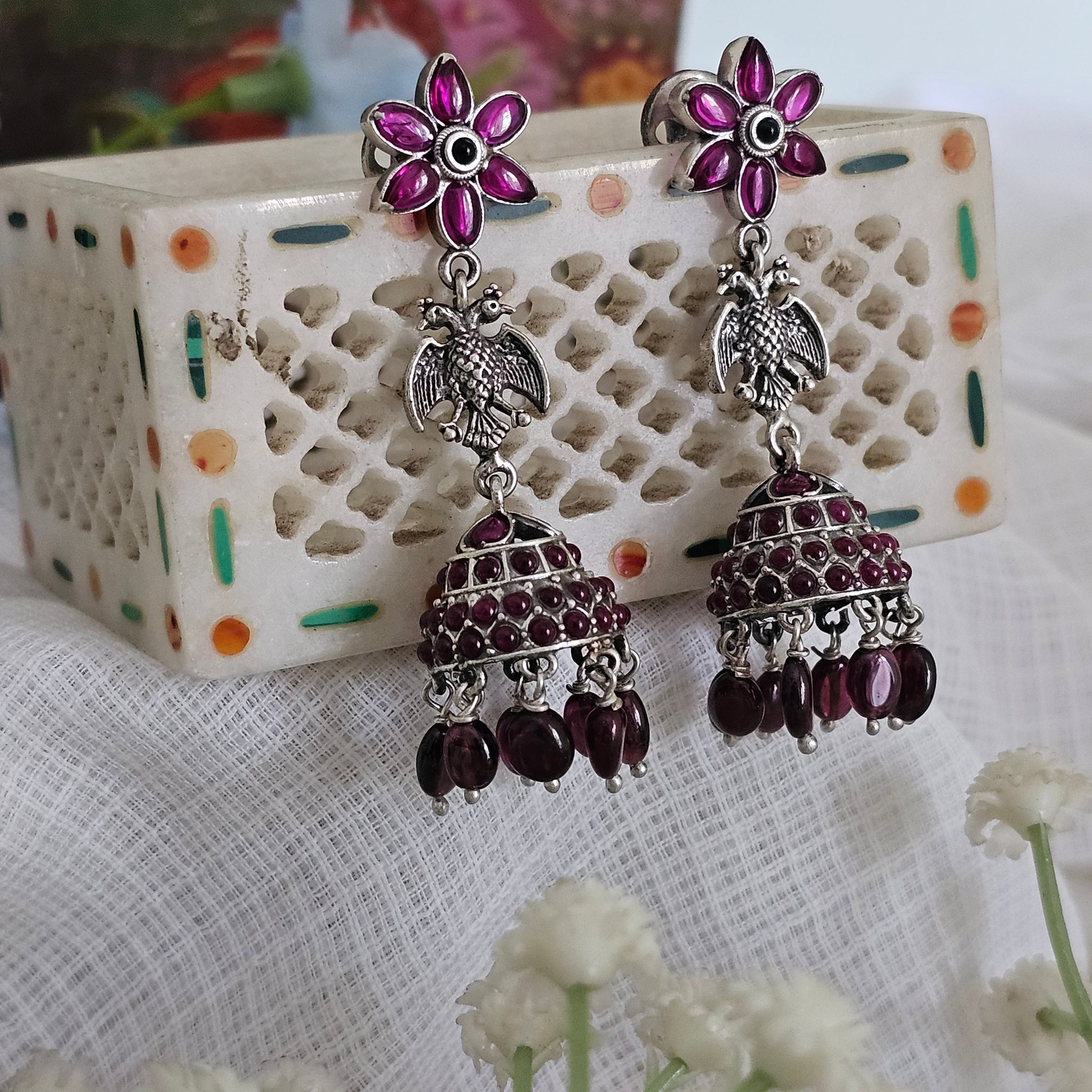 Silver 92.5 red Kempu Gandaberunda jhumkas