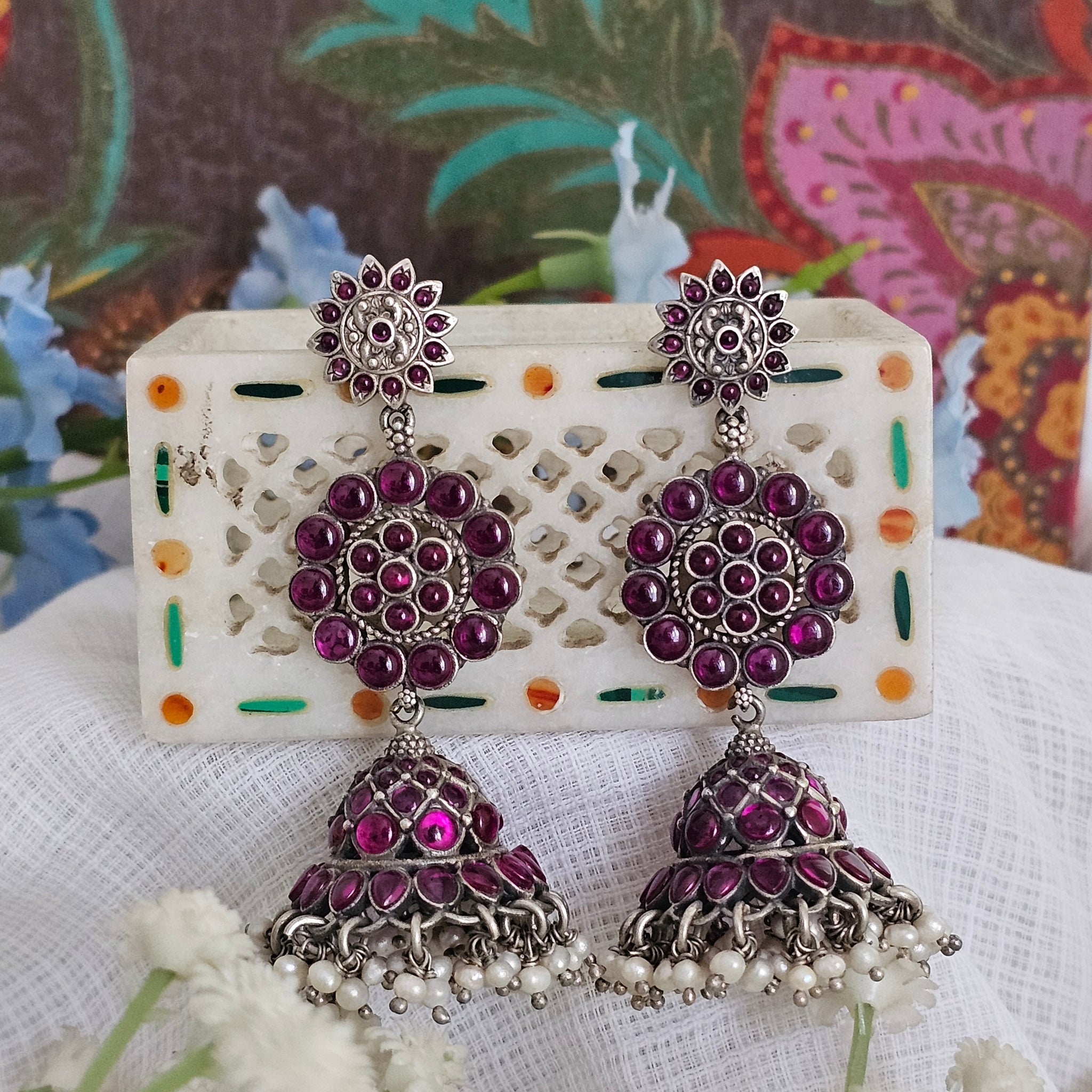 Silver 92.5 kempu 3 tier jhumkas