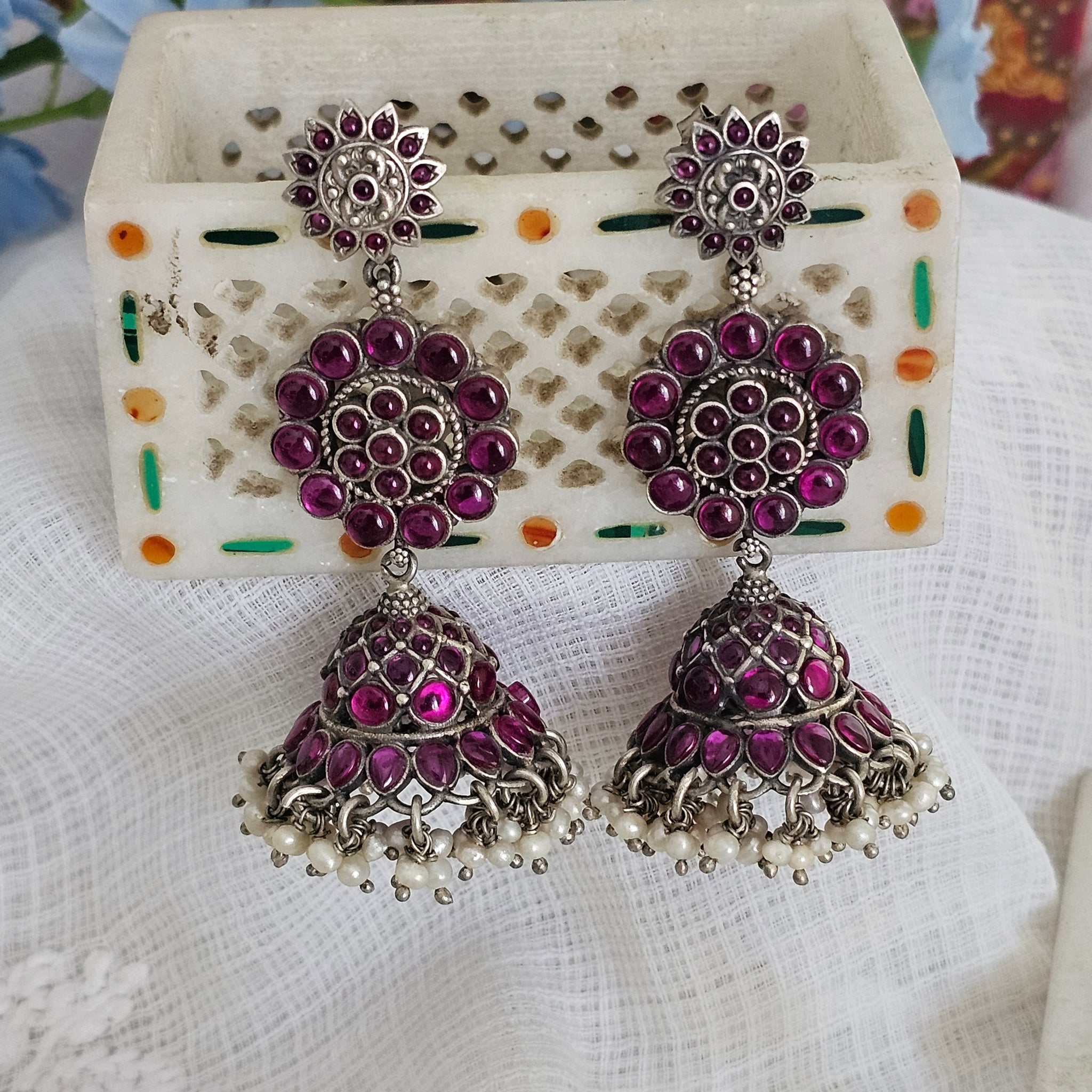 Silver 92.5 kempu 3 tier jhumkas