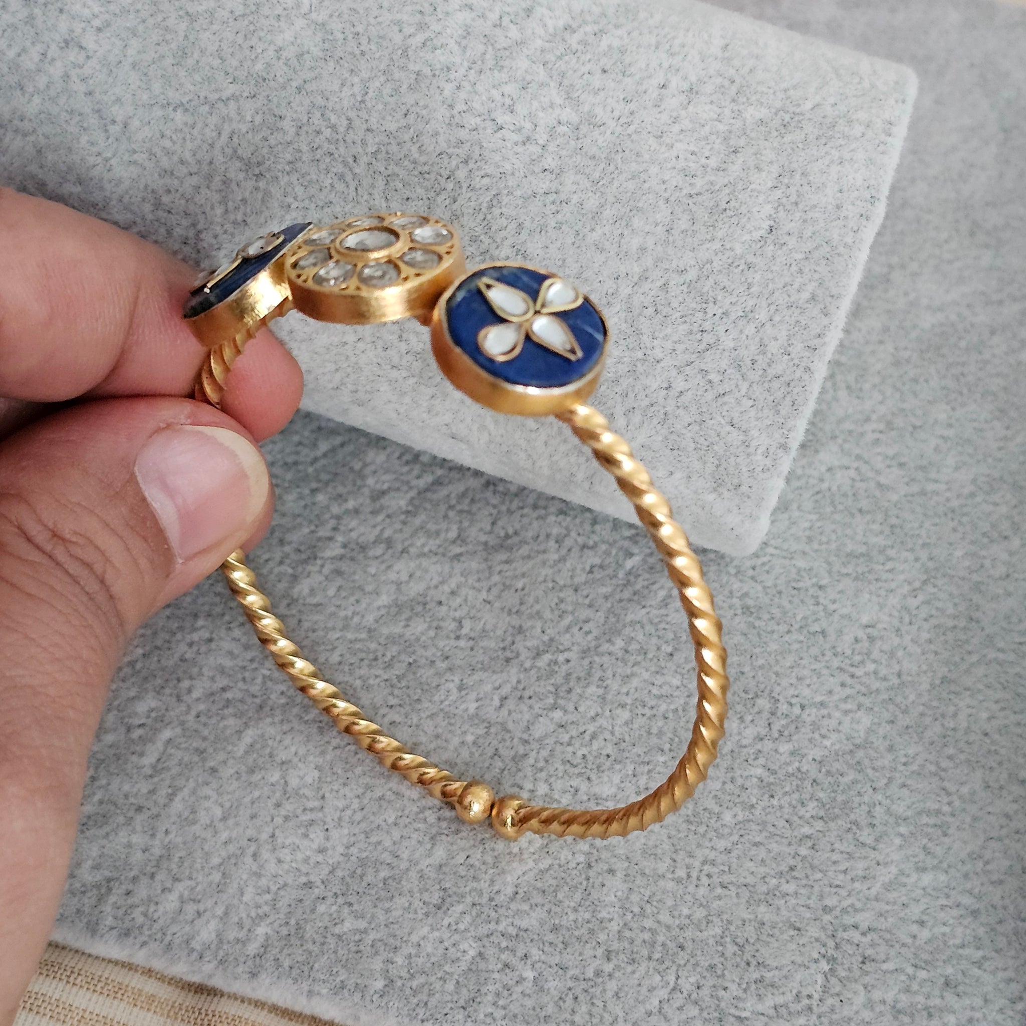 Silver 92.5 kundan gold polish open Kada