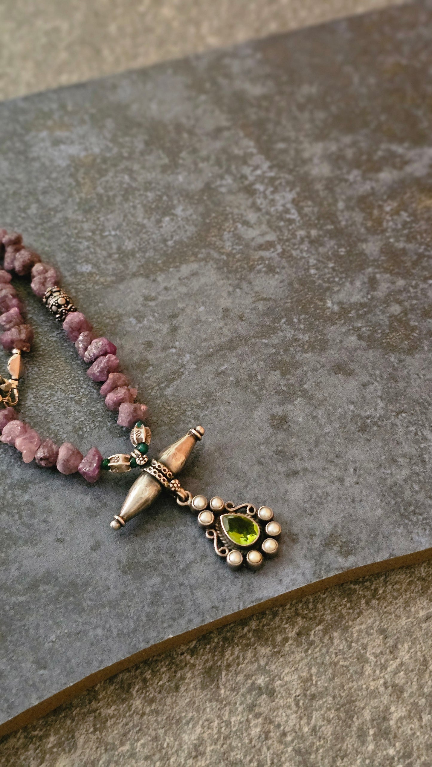 Rough uncut Ruby necklace with Peridot pendant