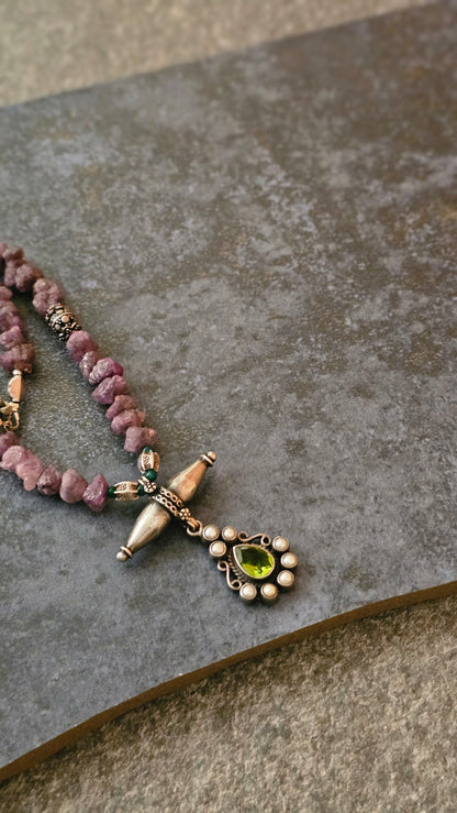 Rough uncut Ruby necklace with Peridot pendant
