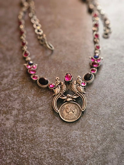 Blue and Pink kempu silver 92.5 necklace