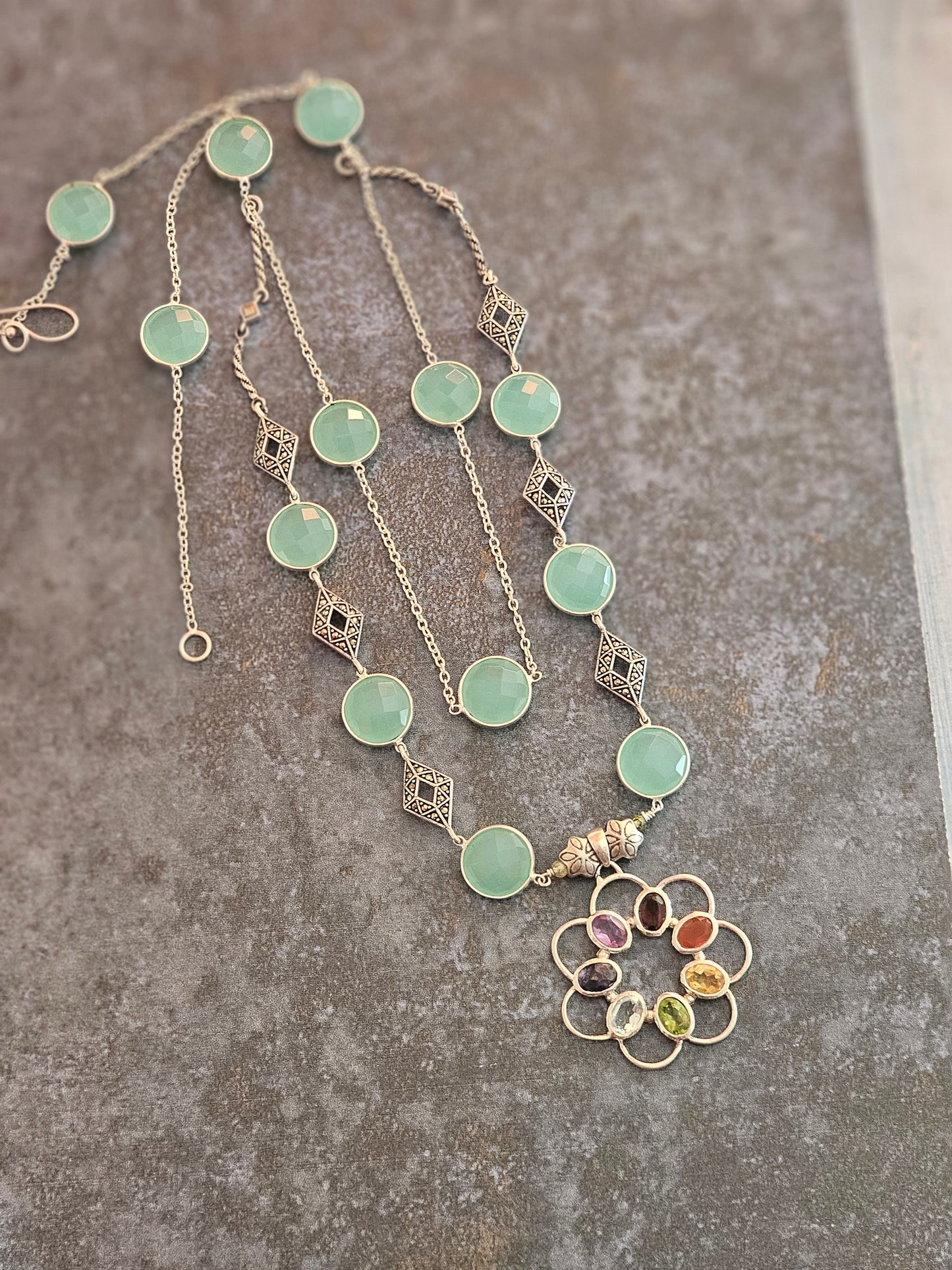 Chakra pendant with chalcedony and marcasite details necklace