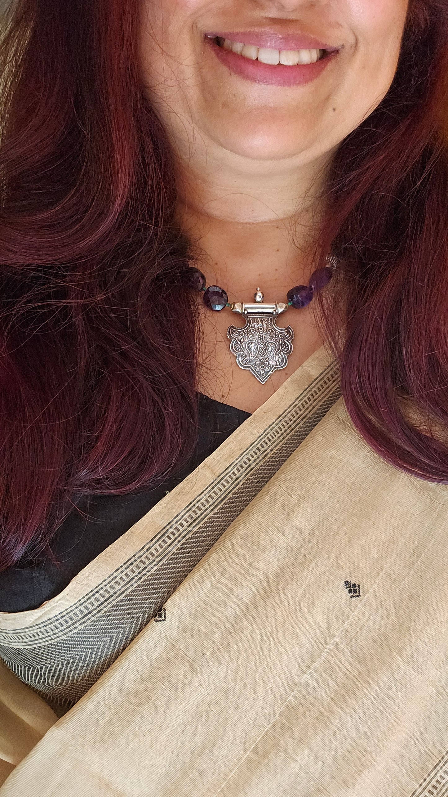 Soul Strung. Monsoon | Faceted Amethyst Necklace with Twin Peacock Silver Pendant
