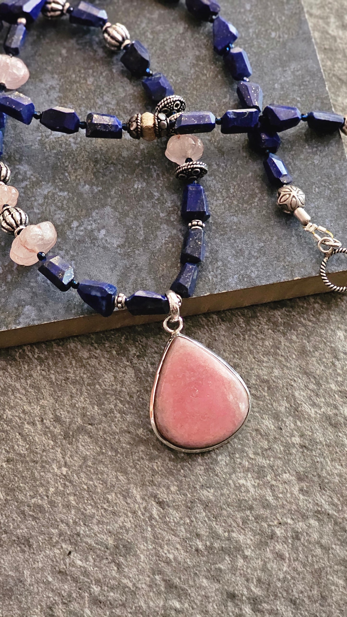 Rhodocrhrosite pendant with faceted Lapis Necklace