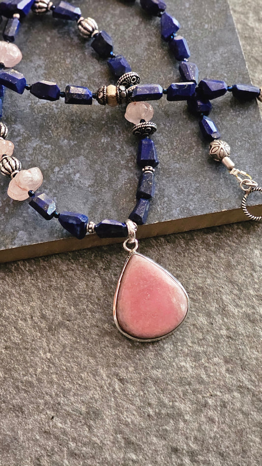Rhodocrhrosite pendant with faceted Lapis Necklace