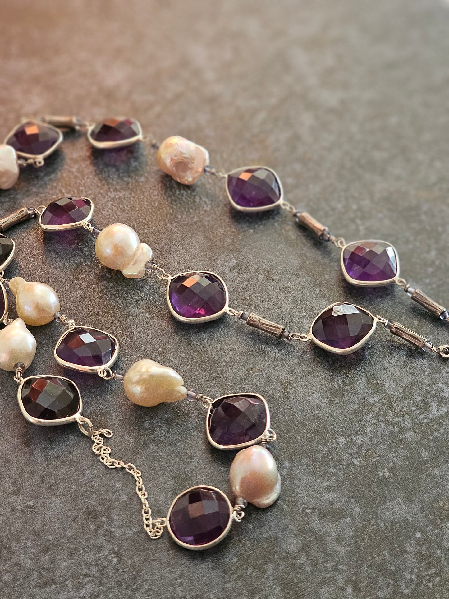 Amethyst, Baroque pearls necklace Hill tribe pendant