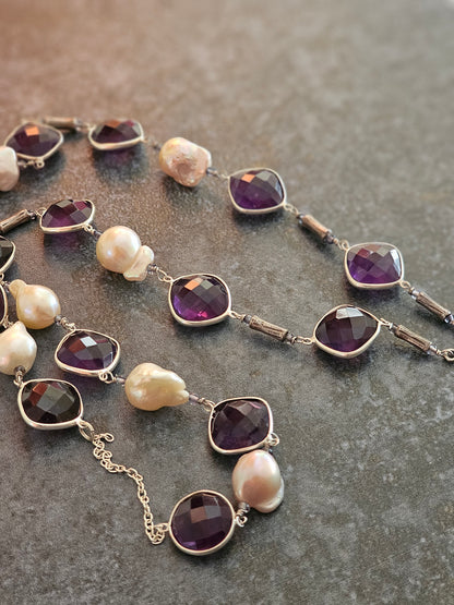 Amethyst, Baroque pearls necklace Hill tribe pendant
