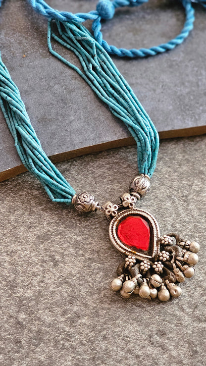 Vintage red glass pendant Turquoise strings necklace
