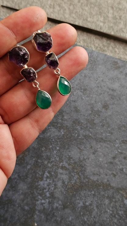 Aranya – Rough Amethyst & Green Onyx Earrings